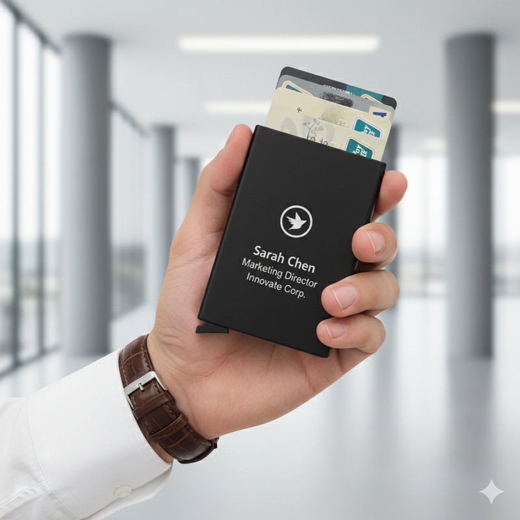 Custom laser engraved executive RFID metal card holder with professional name and title