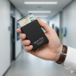 Engraved metal card holder featuring name and executive job title