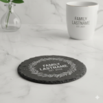 Custom slate coaster with delicate floral wreath engraving